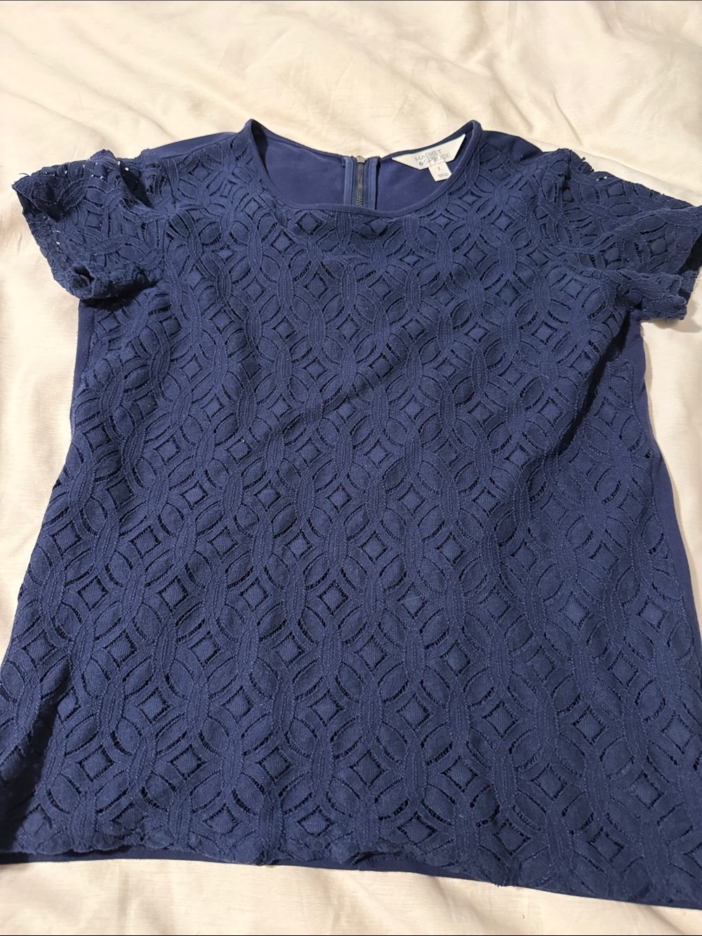 Market & Spruce Navy Geometric Lace Short Sleeve Top